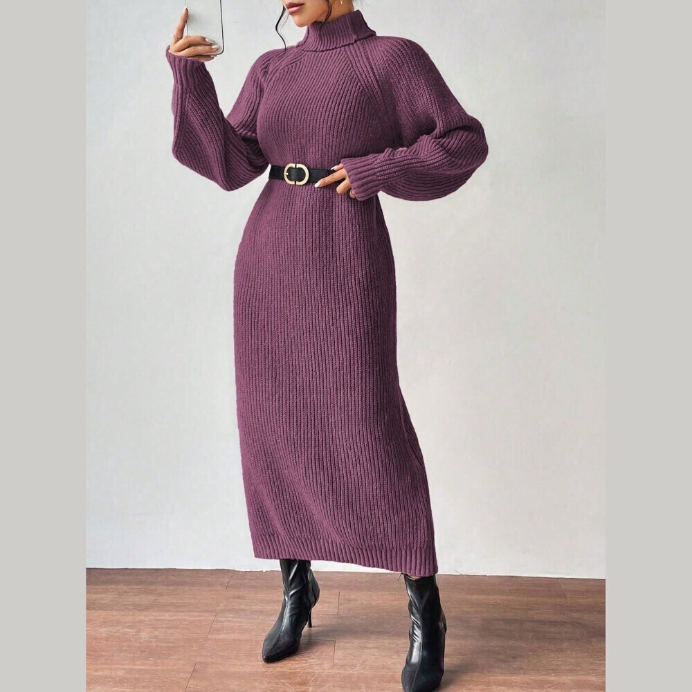 Plum Purple Ribbed Knit Turtleneck Long Sleeve Maxi Sweater Dress - Picture 5 of 7